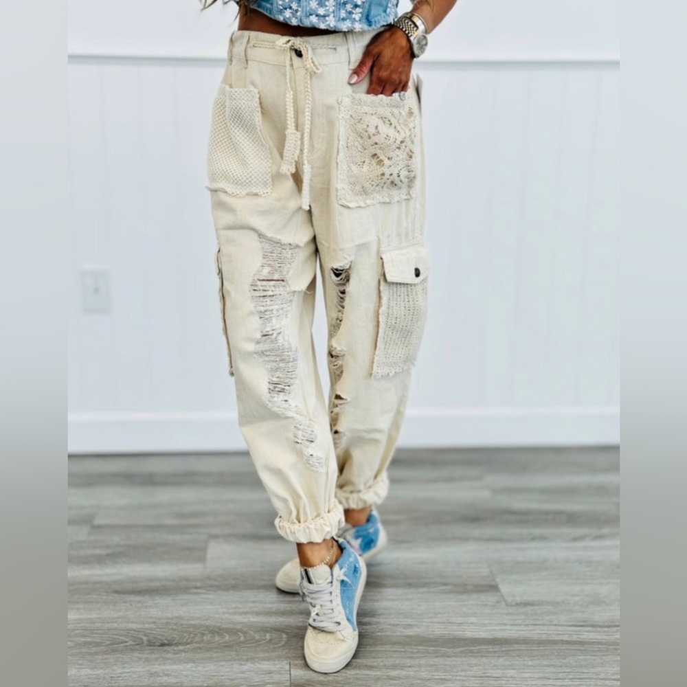 POL Cream Distressed Cargo Pants